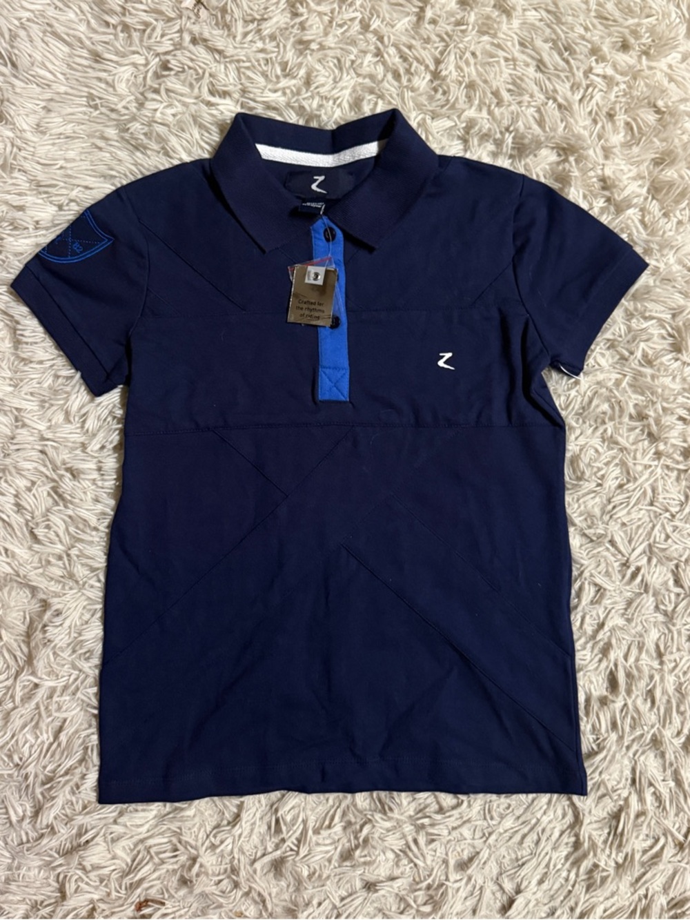 New Child’s 11-12 Years Navy Horze Short Sleeve Horseback Riding Polo Shirt